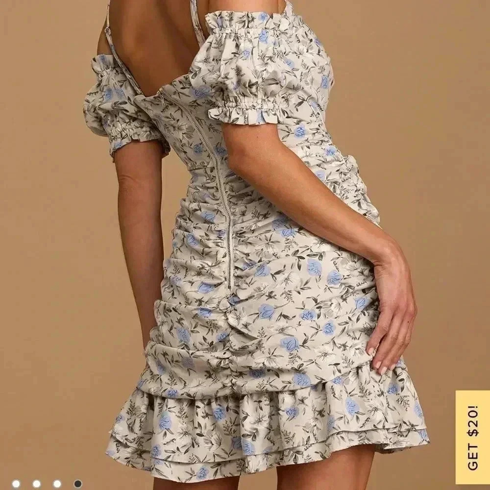 NWT Lulus S Not Just a Crush Taupe Floral Ruched Off the Shoulder Mini Dress Sm - Picture 13 of 16